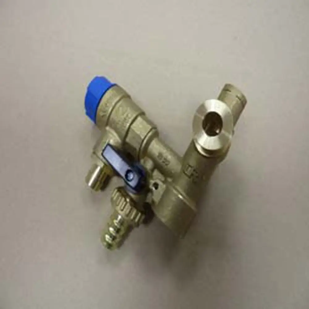 Hydroblock mit einem Sicherheitsventil, erkennbar an der blauen Kappe und dem Ventilmechanismus. Teil des Systems von Remeha zur Regulierung von Druck.